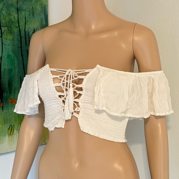 Fashion Nova Size S Small Lace Up Crop top Cottagecore Off Shoulder Ruffle Flowy - Picture 2 of 5